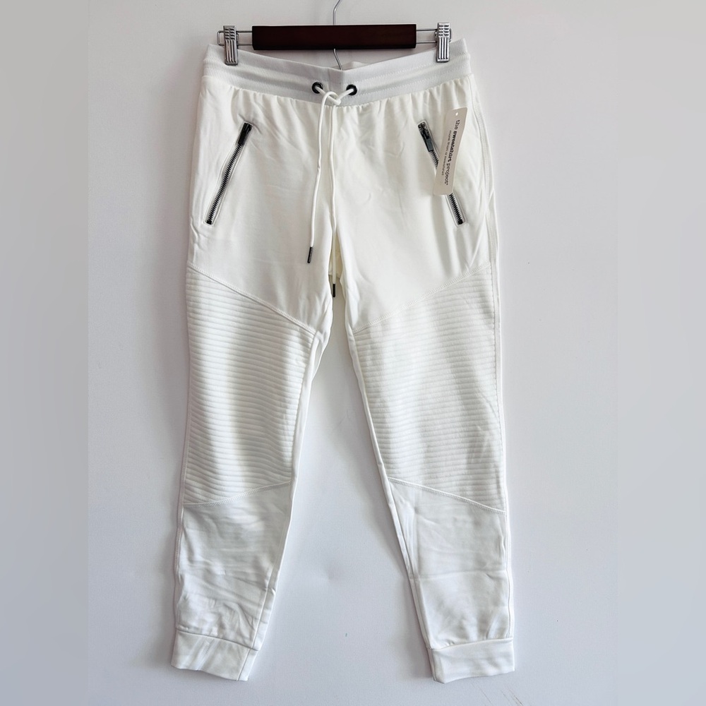The Sweatshirt Project White Moto Joggers | Quilted Panels NWT M Zip Pockets - Picture 3 of 6
